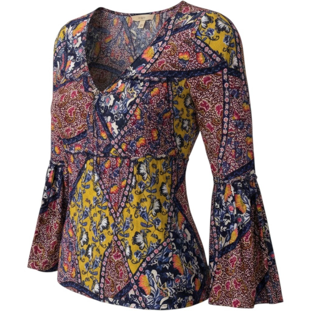 Entro Patchwork Floral Bell Sleeve Boho Blouse colorful Navy sz Medium